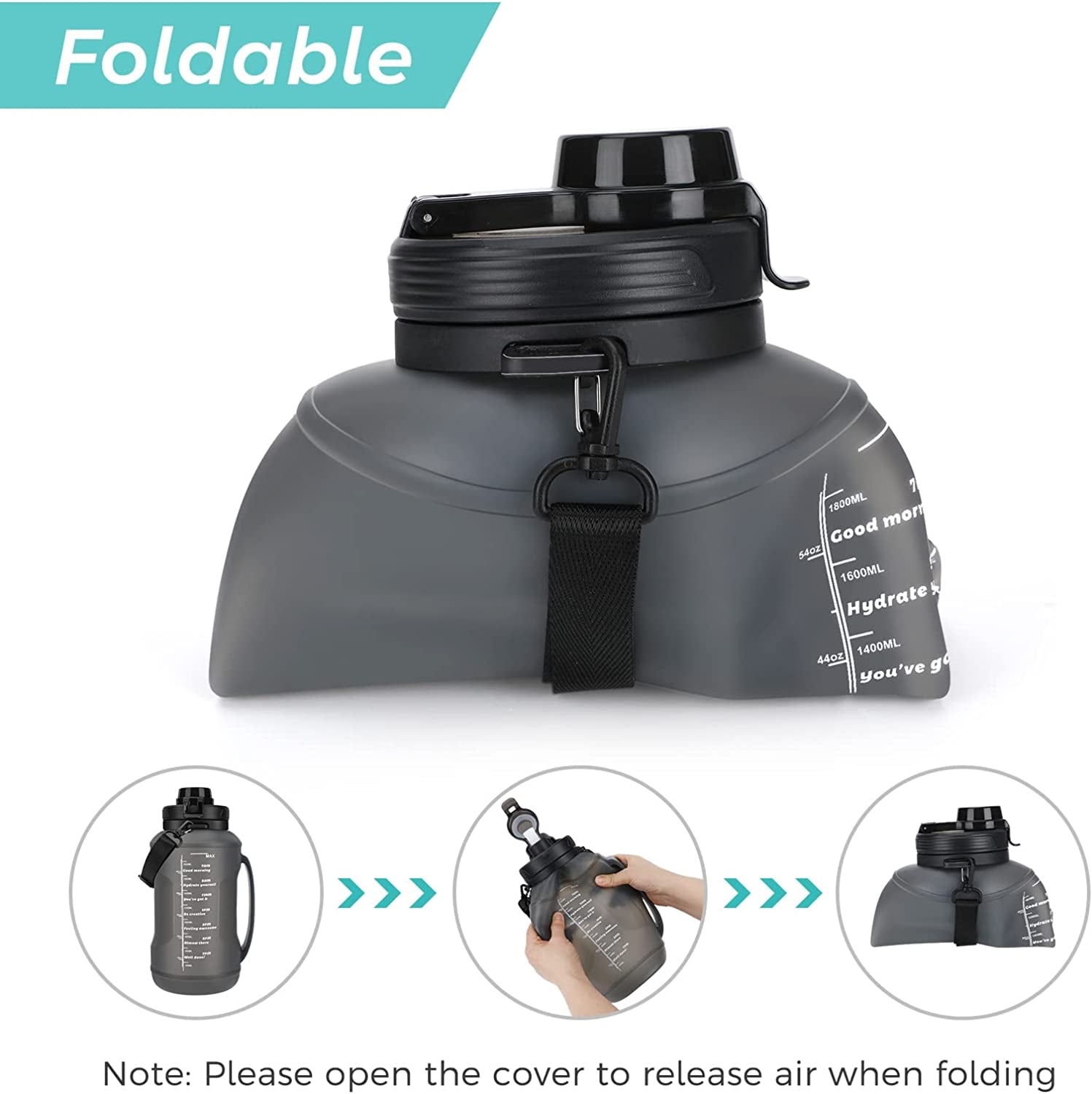 Collapsible Water Bottle, 2L/64OZ Large Capacity with Straw Half Gallon Silicone Foldable 