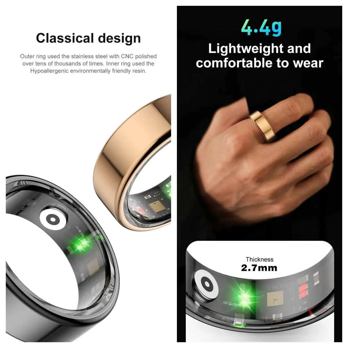 Smart Ring Fitness Heart Rate Tracker Titanium Steel Shell IP68&3ATM Waterproof 